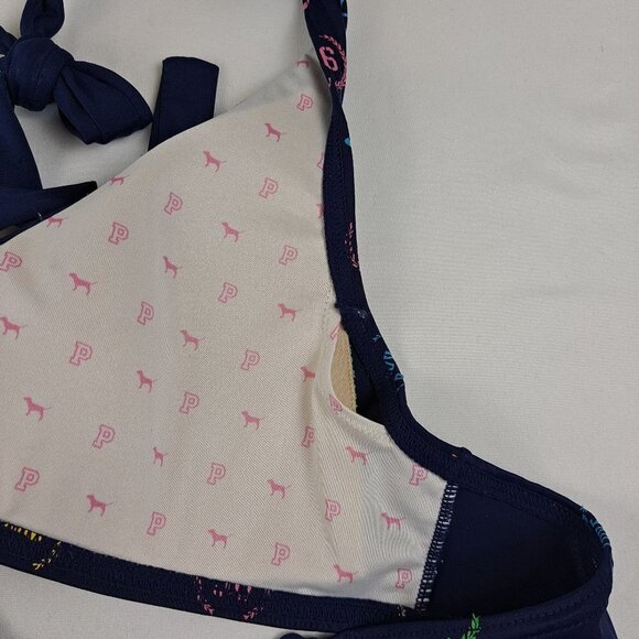 PINK Navy Blue Bikini Top Multi Color Logo Circle/Tie in Center Adj Neck Ties - Picture 10 of 12